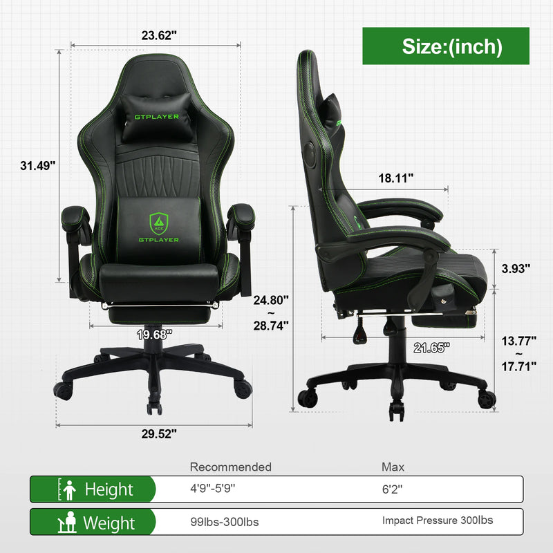 Heavy Duty GTPLAYER Gaming Chair – Dual Bluetooth 5.1 Speakers, Footrest, Adjustable Height