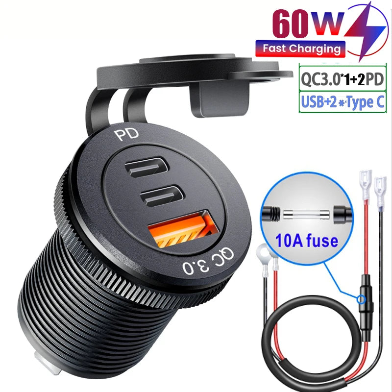 USB PD 3.0 Fast Charging Socket – 60W Car Charger for Motorcycle, Boat & Truck