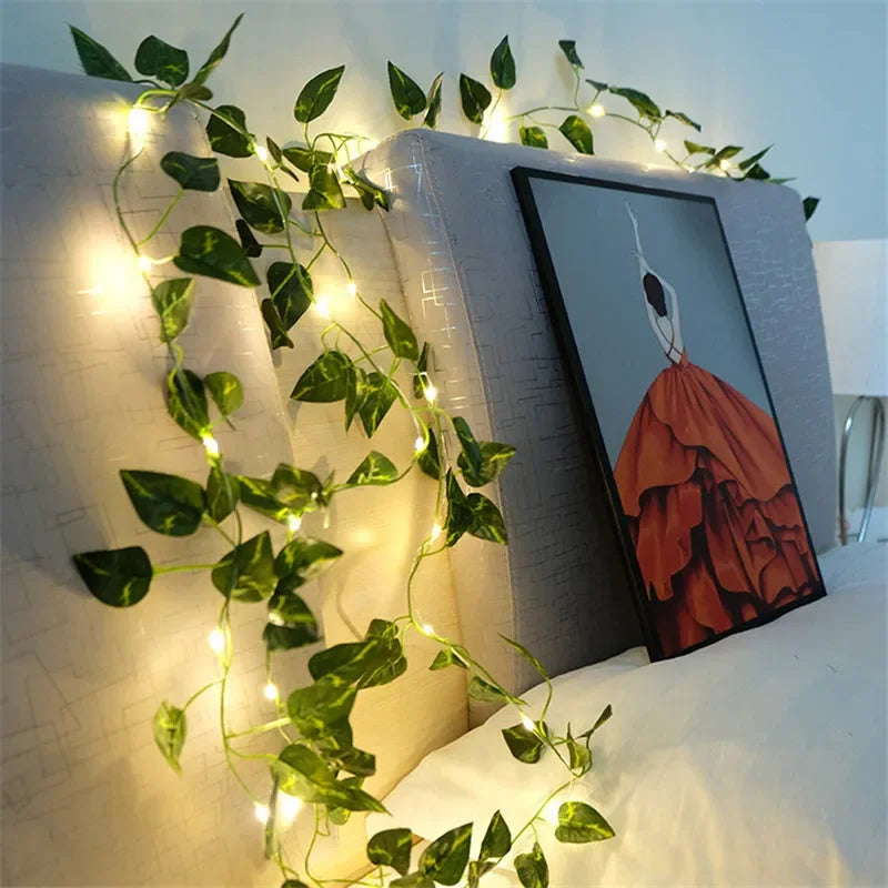 LED Green Leaf Fairy Lights, Artificial Vine Garland with Flowers