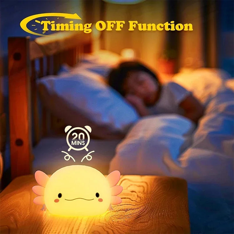 Cute Axolotl Night Light – USB Rechargeable Silicone Touch Control Lamp for Nursery & Kids