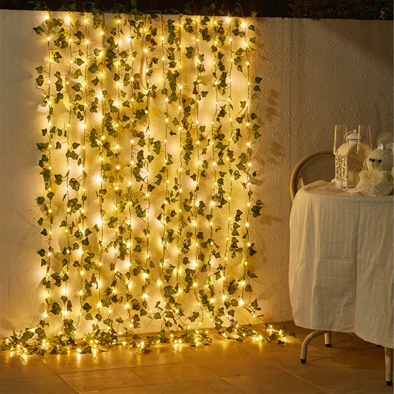 LED Green Leaf Fairy Lights, Artificial Vine Garland with Flowers