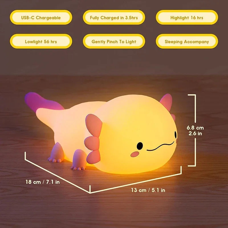 Cute Axolotl Night Light – USB Rechargeable Silicone Touch Control Lamp for Nursery & Kids