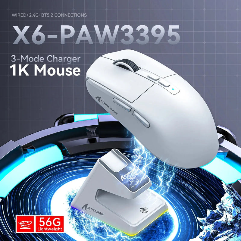 X6 Wireless Gaming Mouse – 3 Modes, 26K DPI, RGB, Charging Base