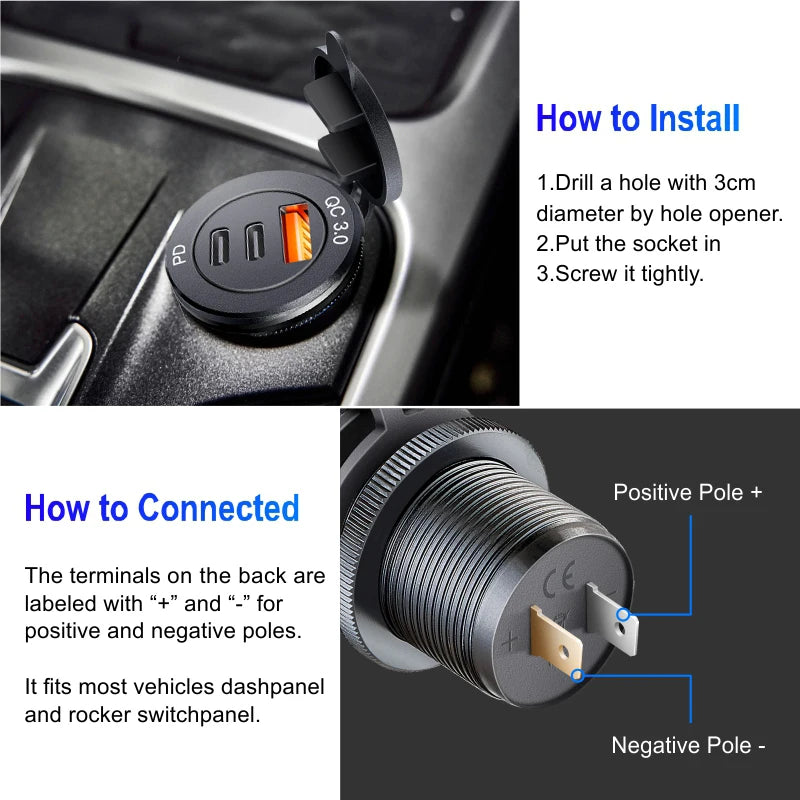 USB PD 3.0 Fast Charging Socket – 60W Car Charger for Motorcycle, Boat & Truck