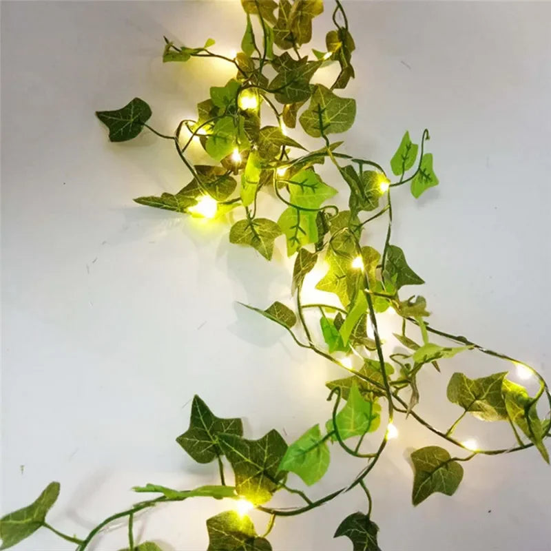 LED Green Leaf Fairy Lights, Artificial Vine Garland with Flowers