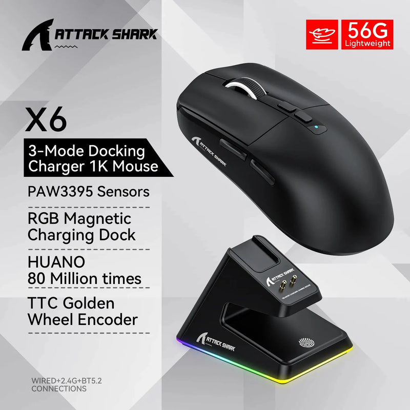 X6 Wireless Gaming Mouse – 3 Modes, 26K DPI, RGB, Charging Base