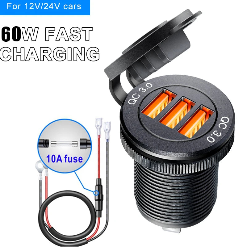 USB PD 3.0 Fast Charging Socket – 60W Car Charger for Motorcycle, Boat & Truck