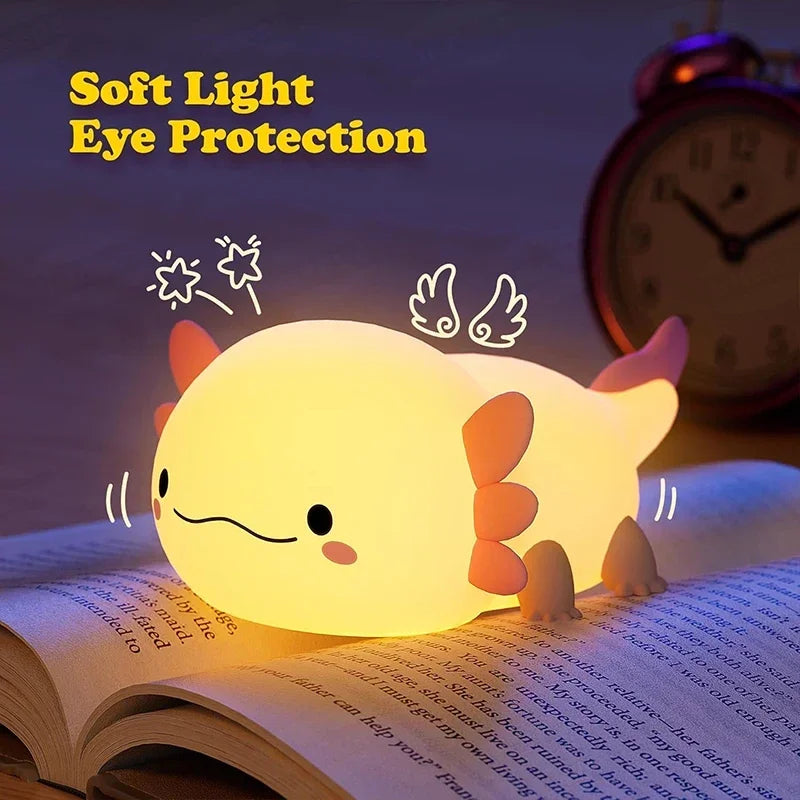 Cute Axolotl Night Light – USB Rechargeable Silicone Touch Control Lamp for Nursery & Kids