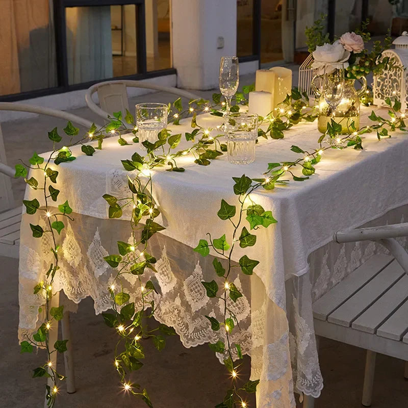 LED Green Leaf Fairy Lights, Artificial Vine Garland with Flowers