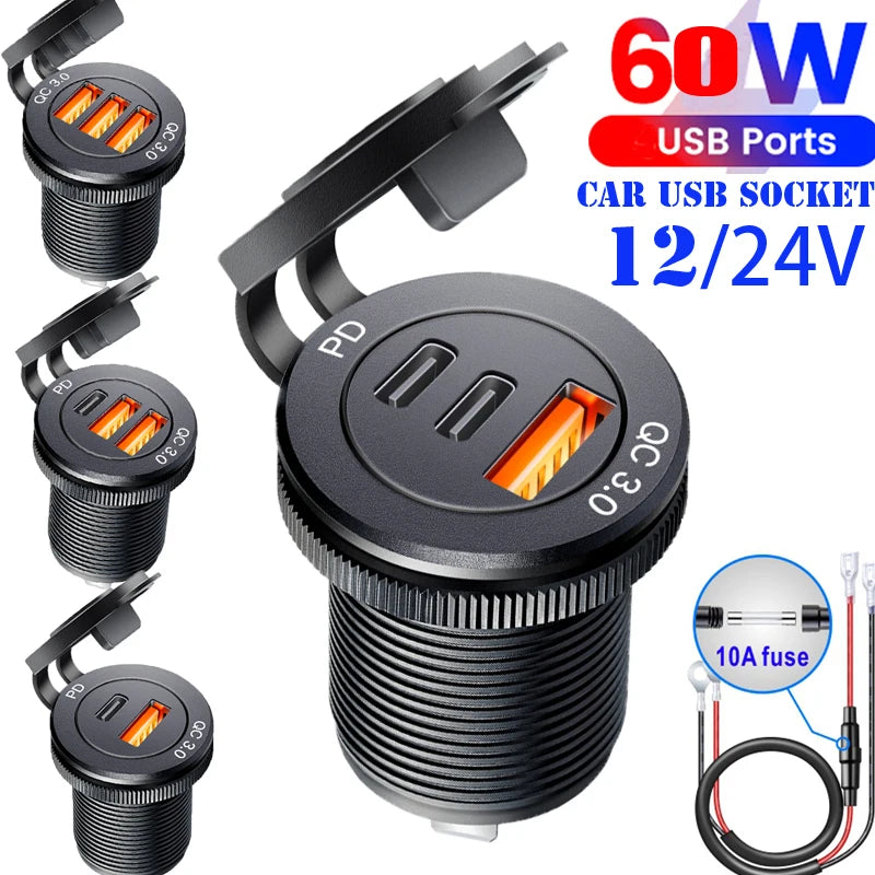 USB PD 3.0 Fast Charging Socket – 60W Car Charger for Motorcycle, Boat & Truck