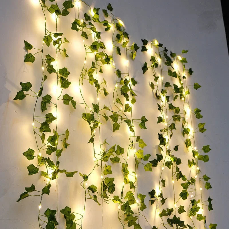 LED Green Leaf Fairy Lights, Artificial Vine Garland with Flowers