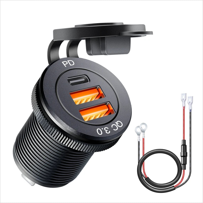 USB PD 3.0 Fast Charging Socket – 60W Car Charger for Motorcycle, Boat & Truck