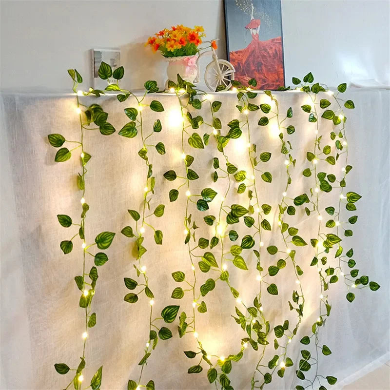 LED Green Leaf Fairy Lights, Artificial Vine Garland with Flowers