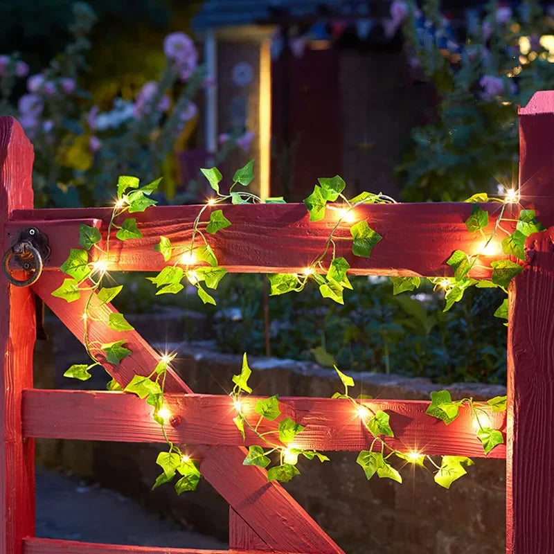 LED Green Leaf Fairy Lights, Artificial Vine Garland with Flowers