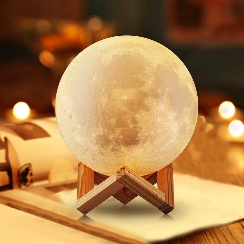 Starry Sky 3D Printed Moon Lamp with Wooden Stand