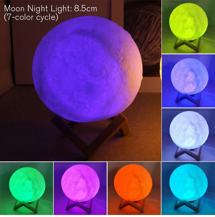 Starry Sky 3D Printed Moon Lamp with Wooden Stand