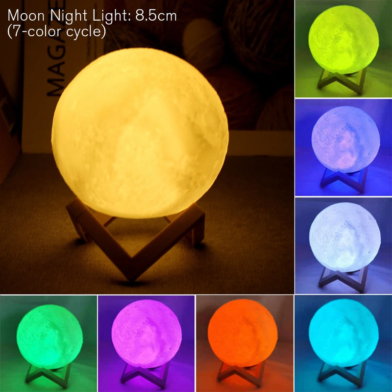 Starry Sky 3D Printed Moon Lamp with Wooden Stand