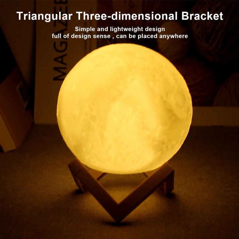 Starry Sky 3D Printed Moon Lamp with Wooden Stand