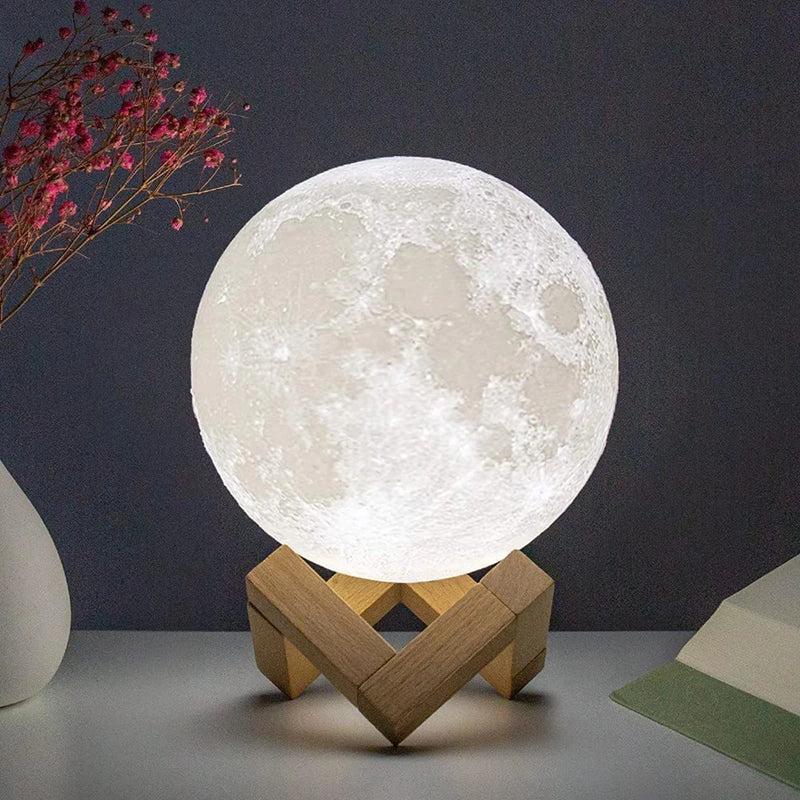 Starry Sky 3D Printed Moon Lamp with Wooden Stand