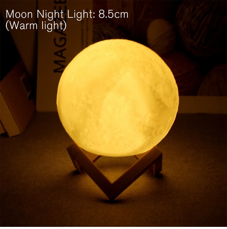 Starry Sky 3D Printed Moon Lamp with Wooden Stand