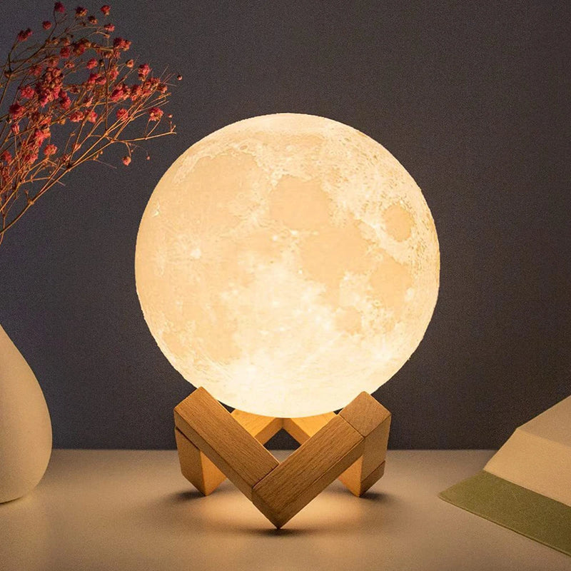 Starry Sky 3D Printed Moon Lamp with Wooden Stand