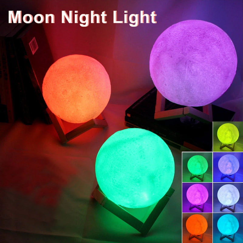 Starry Sky 3D Printed Moon Lamp with Wooden Stand